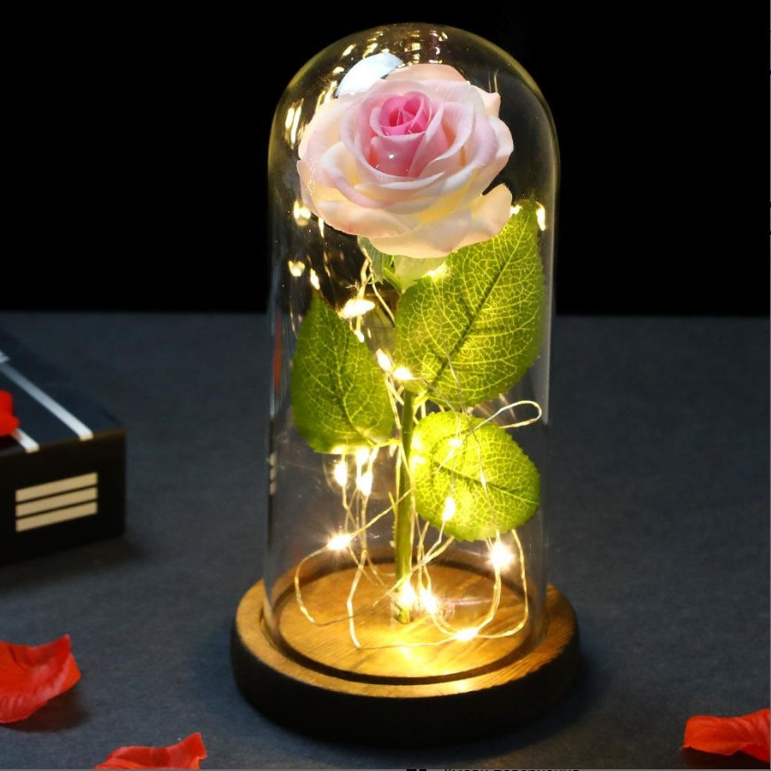 Вічна троянда у скляній колбі з LED підсвічуванням, на батарейках, рожева/коричневе дно, фото 1