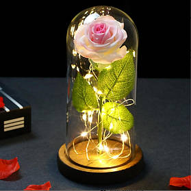 Вічна троянда у скляній колбі з LED підсвічуванням, на батарейках, рожева/коричневе дно