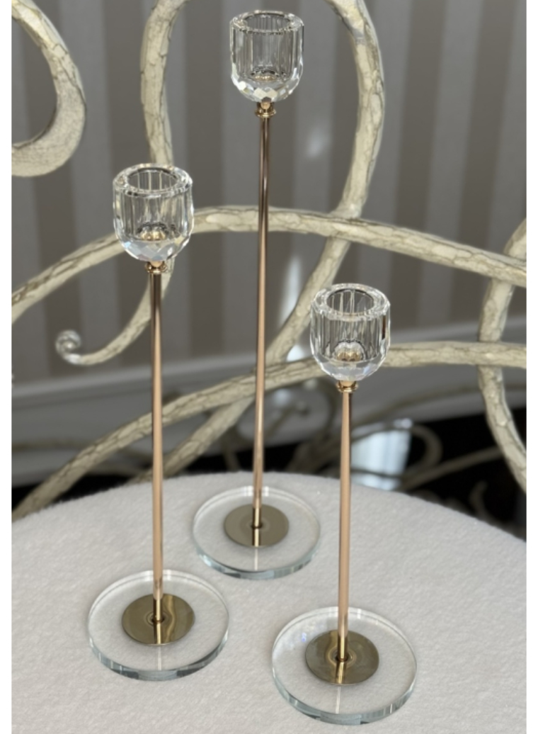🤍Набір з 3-х декоративних кришталевих свічників на високій металевій ніжці для однієї свічки, фото 1