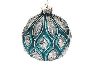 Ялинкова куля скляна з рельєфом і гліттером 10см бірюзова