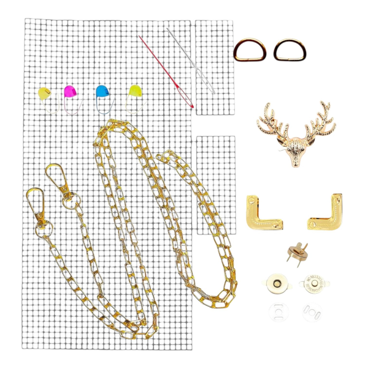 Набір - Замок Олень колір золото + Куточки для клапана №10 + Ручка-ланцюжок+Канва + Фурнітура для сумки, фото 1