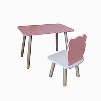 Комплект стіл та стілець дитячий - Voltronic Set Стіл розовий прямокутний + стілець розовий Медведик (ФАНЕРА)