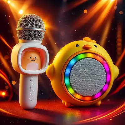 Дитяча музична колонка караоке центр з підсвічуванням і мікрофоном Іграшка для співу Bluetooth 5.3 USB Type-C AUX зміна голосу
