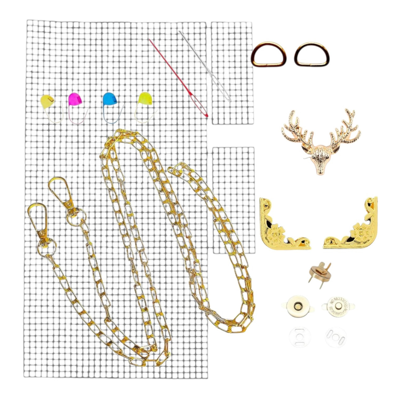 Набір - Замок Олень колір золото + Кутки для клапана №8 + Ручка-ланцюжок+Канва + Фурнітура для сумки, фото 1