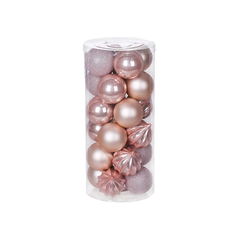 Набір ялинкових куль діаметром 6 см рожевого кольору 24 шт рельєф перламутр перламутр матові та гліттер, фото 1