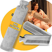 Термофор XXL Paspers 3,5 л з чохлом, довга грілка 75×15 см, м’який пухнастий сірий чохол