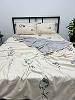 Комплект постільної білизни євро 200х230 фаланель з велюром Colorful Home наволочки 50х70 бежевий сірий троянди