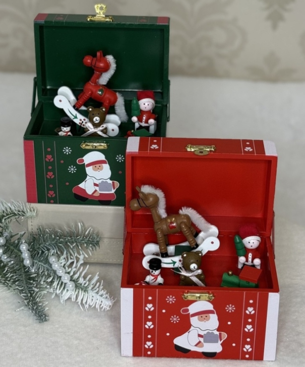 ❤️Різдвяна дерев'яна музична скринька з коником та сніговиком Червона, фото 1