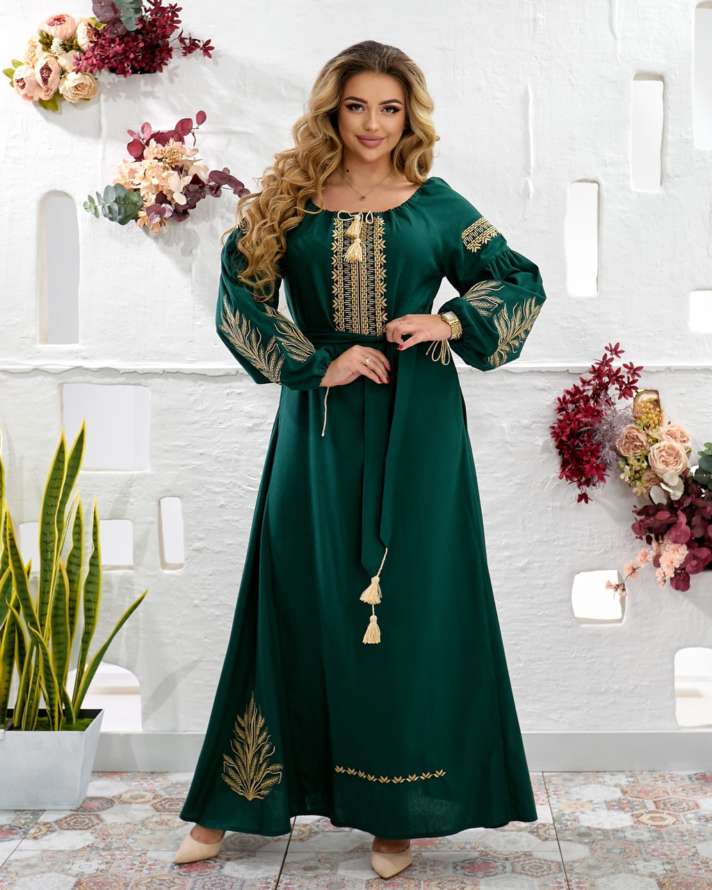 Сукня "Перлина Колос" з натурального льону зеленого кольору