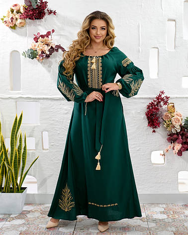 Сукня "Перлина Колос" з натурального льону зеленого кольору, фото 1