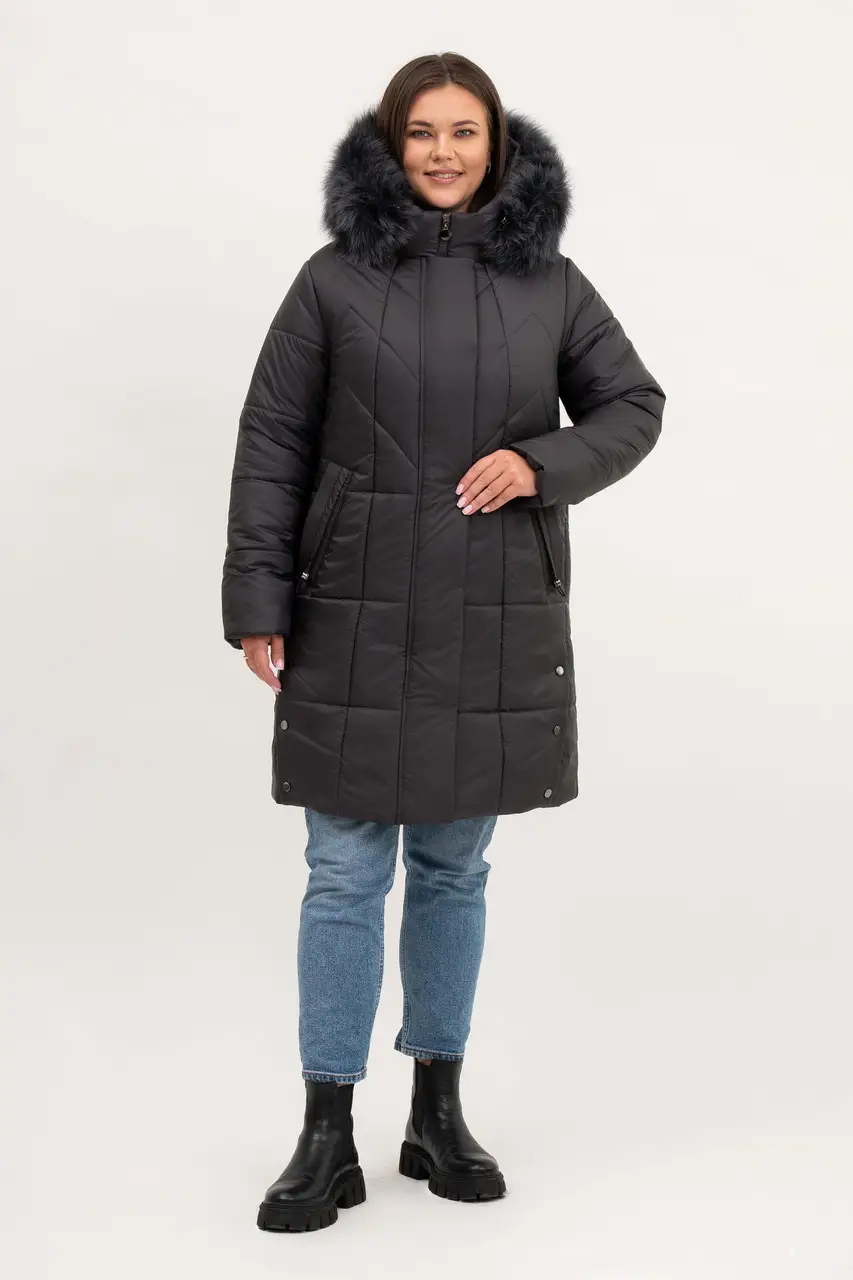 Елегантний пуховик жіночий з капюшоном і хутром песця Li-8, графіт, фото 1