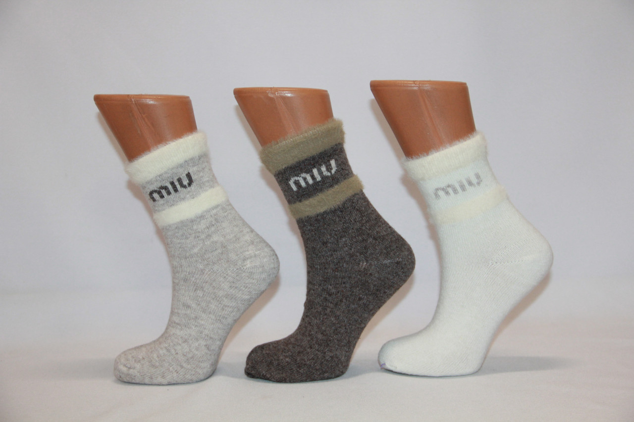 Жіночі шкарпетки високі зі 100% вовни з оздобленням з ангори НЛ 36-40 асорті miu