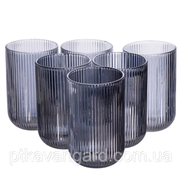 Набір склянок із товстого скла 6 штук по 400 мл ребристі, сірий, фото 1