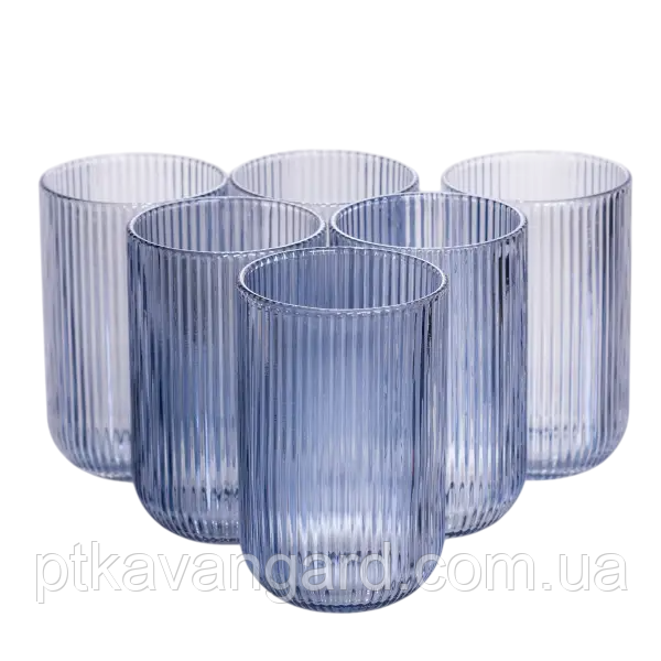Набір склянок із товстого скла 6 штук по 400 мл ребристі, блакитний, фото 1