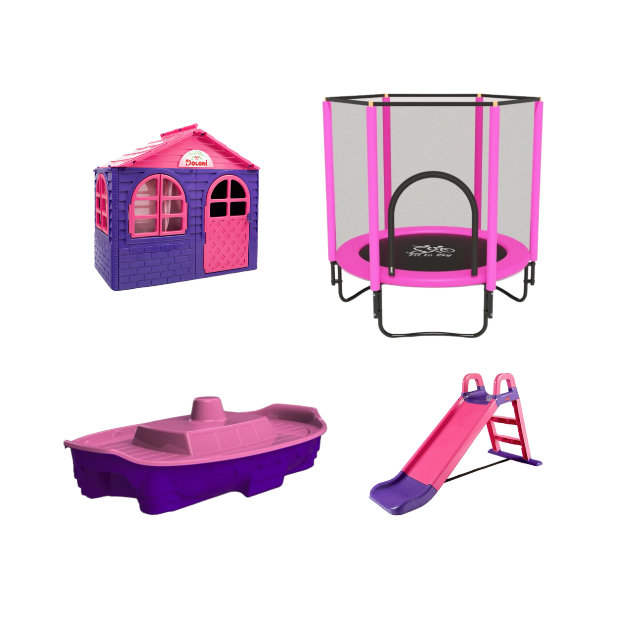 НАБІР Дитячий пластиковий будиночок зі шторками, дитяча пластикова гірка, пісочниця ТМ Doloni та батут 152 см, фото 1