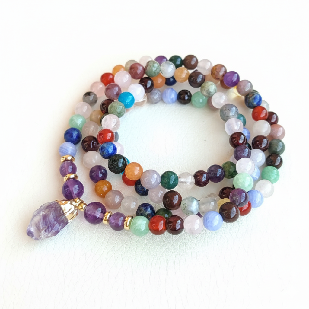 Браслет багатошаровий із натуральних каменів з Аметистовою підвіскою