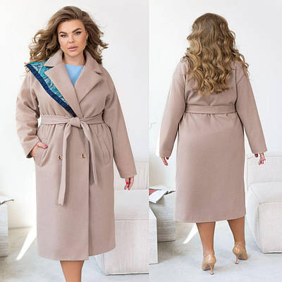 Демісезонне жіноче пальто великого розміру кашемірове міді з поясом