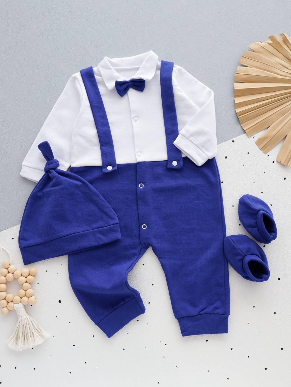 Теплий дитячий комплект (чоловічок відкриті ніжки + шапочка + пінетки) для хлопчика Джентльмен, фото 1