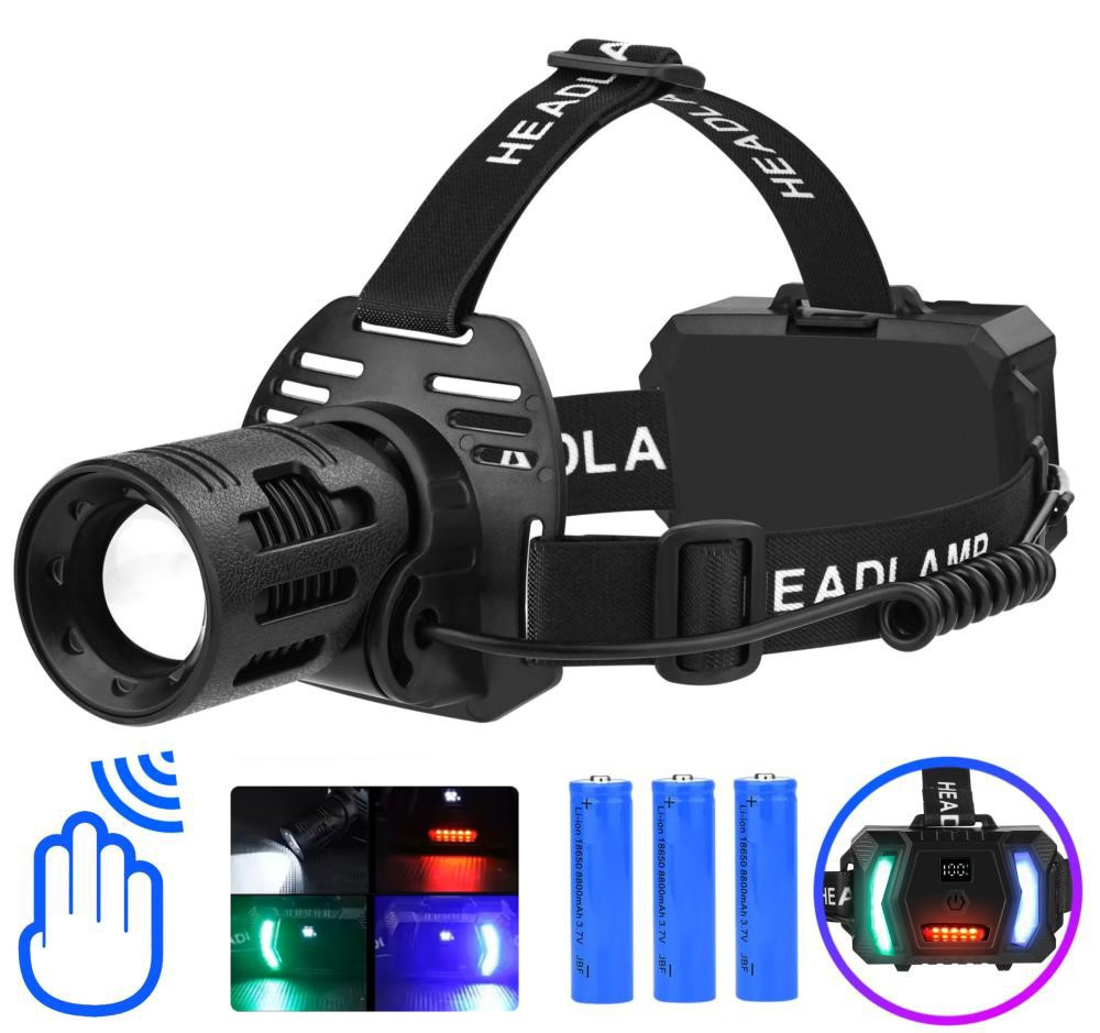 Ліхтар налобний CARBON BL-2322-TG+3LED(white+red+blue+green), Motion Sensor, 3x18650, ЗУ Type-C, zoom, фото 1