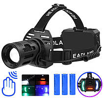 Ліхтар налобний CARBON BL-2322-TG+3LED(white+red+blue+green), Motion Sensor, 3x18650, ЗУ Type-C, zoom