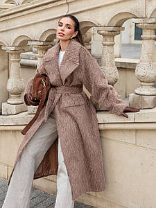 Пальто жіноче демісезонне довге з альпаки англійський відкладний комір бежеве