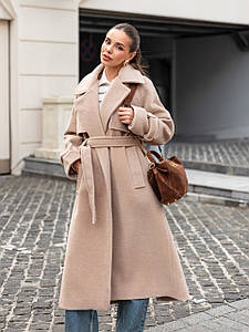 Пальто кашемірове жіноче демісезонне довге з кокеткою бежеве