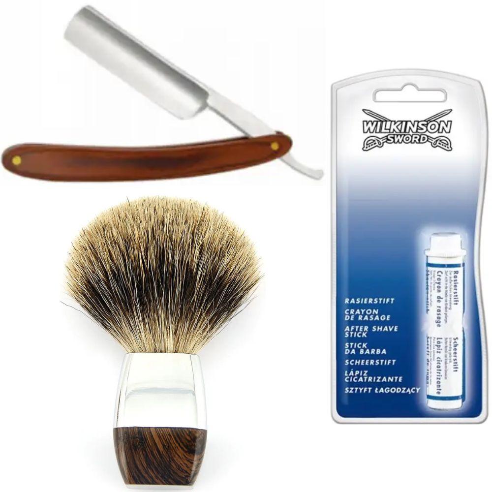 Небезпечна бритва/шавета розкладна Straight Razor + помазок борсук + кровоспинний олівець Wilkinson Sword After Shave Stick, фото 1