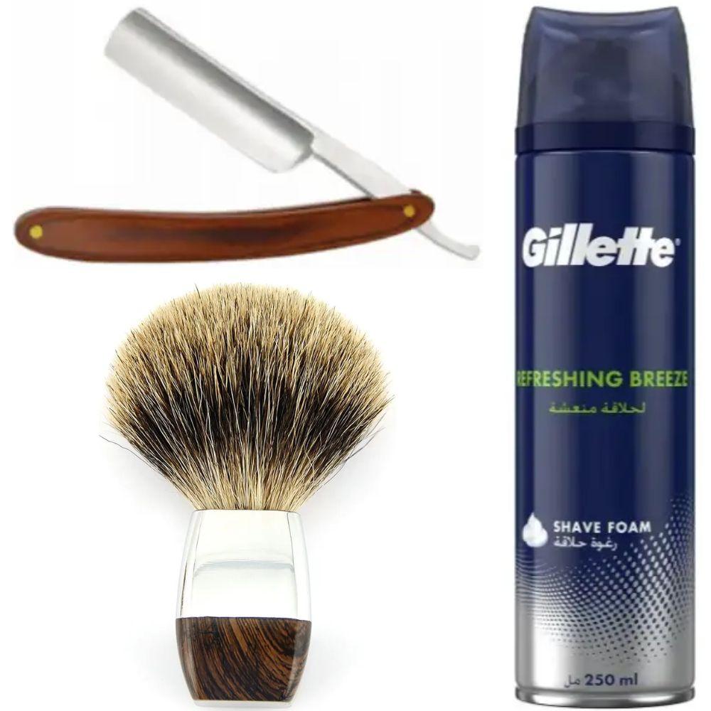 Небезпечна бритва/шавета розкладна Straight Razor + помазок з борсучим ворсом + піна для гоління Gillette Refreshing Breeze 250 мл, фото 1