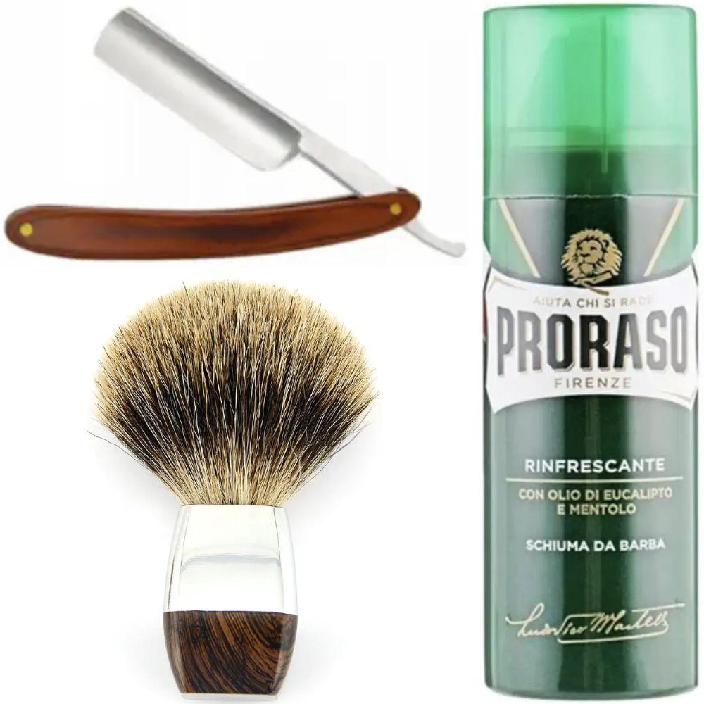 Небезпечна бритва/шавета розкладна Straight Razor + помазок борсук + піна для гоління Proraso тонізуюча з евкаліптом і ментолом, фото 1
