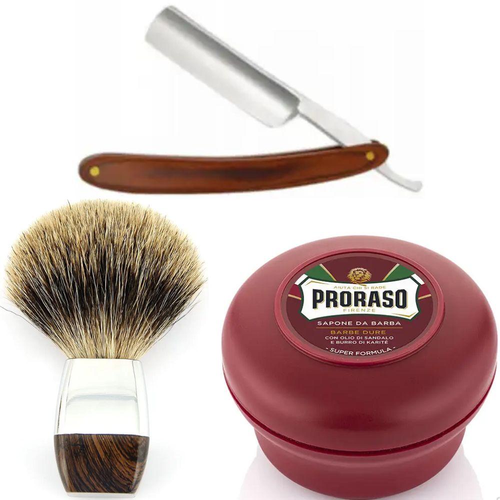 Небезпечна бритва/шавета розкладна Straight Razor + помазок борсук + мило для гоління Proraso для жорсткої щетини з маслом, фото 1