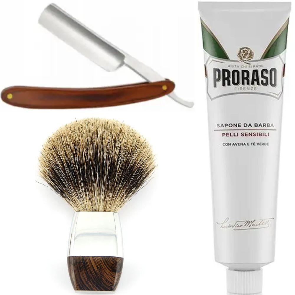 Небезпечна бритва/шавета розкладна Straight Razor + помазок борсук + крем для гоління Proraso для чутливої шкіри, фото 1