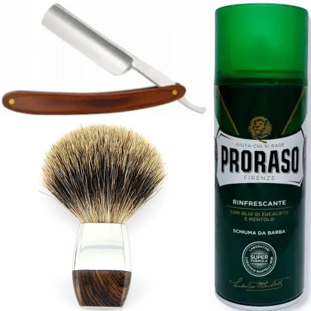 Небезпечна бритва/шавета розкладна Straight Razor + помазок борсук + піна для гоління Proraso тонізуюча з евкаліптом і ментолом, фото 1