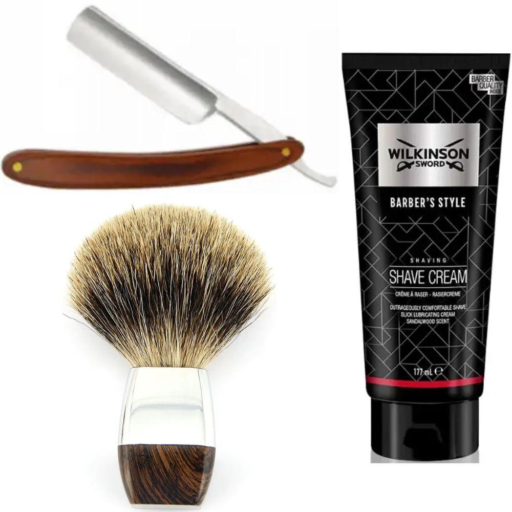 Небезпечна бритва/шавета розкладна Straight Razor + помазок борсук + крем для гоління Wilkinson Sword Barber's Style Shave Cream, фото 1