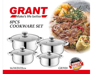 Набір каструль із неіржавкою кришкою на 8 предметів Grand GR-7020 Набір кухонного посуду
