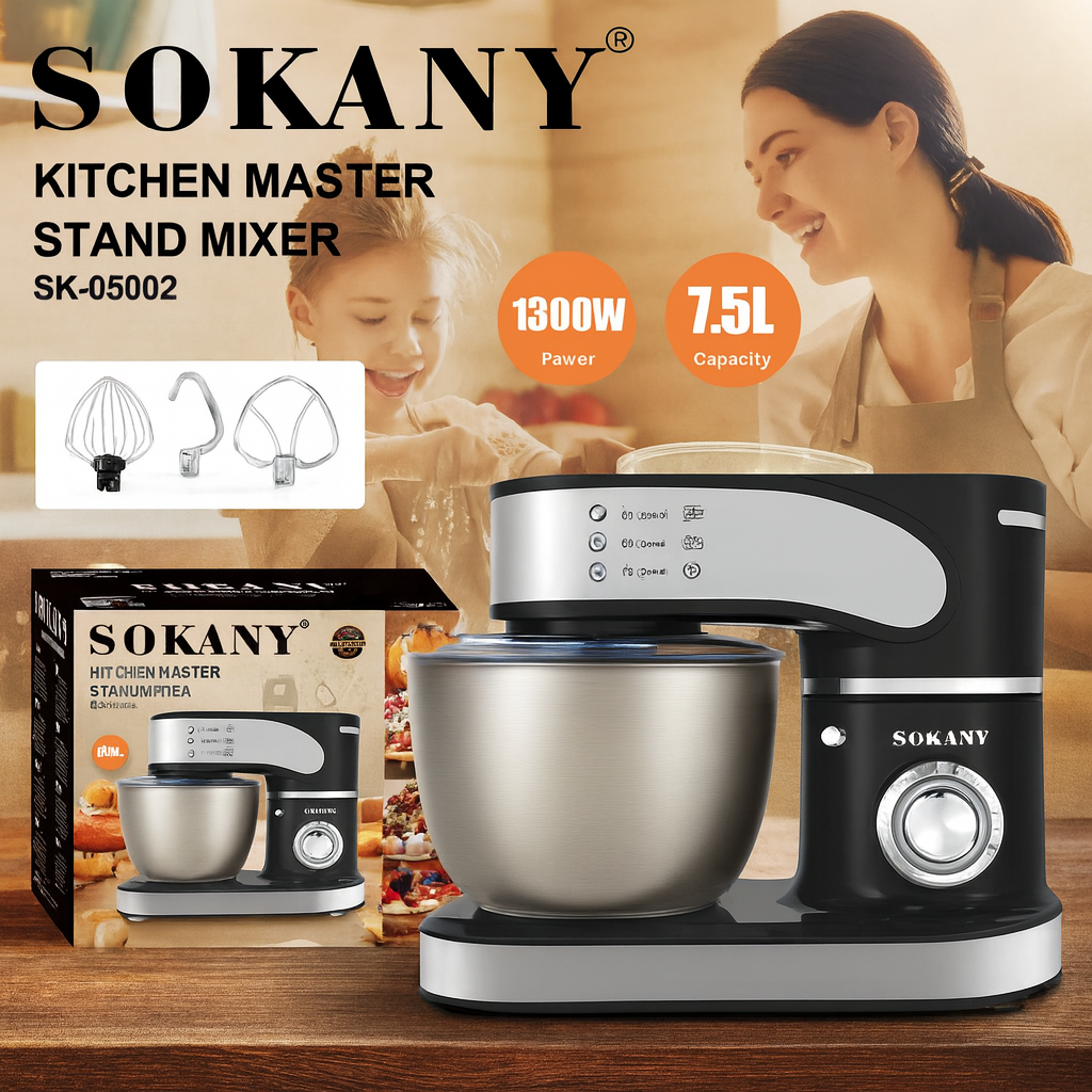 Планетарний міксер Sokany SK-05002 1300Вт із чашею 7.5 л з нержавіючої сталі, тістоміс із насадками, фото 1