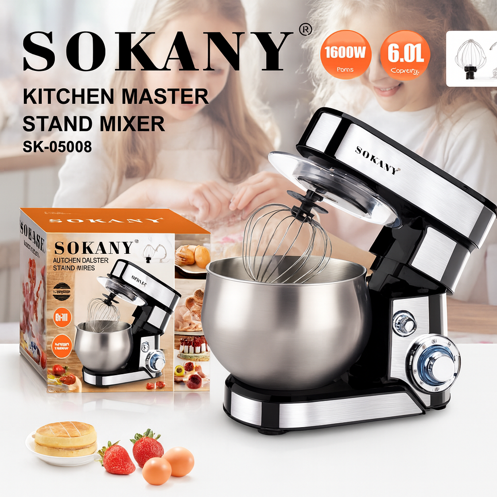 Планетарний міксер-тестоміс 2000Вт із металевою чашею 6 л SK-05008, 6 швидкостей, 3 насадки, фото 1