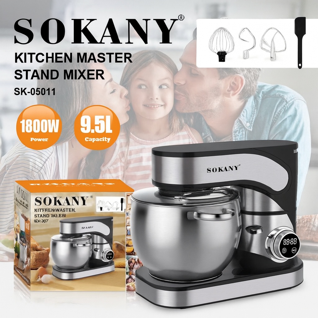 Планетарний міксер Sokany SK-05011 1800Вт із металевою чашею 9.5 л, LED дисплей, 6 швидкостей, насадки, фото 1