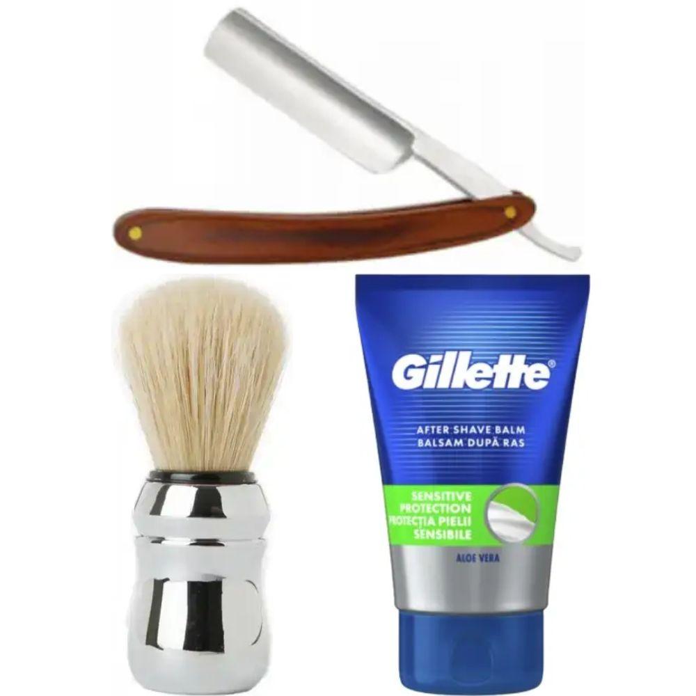 Небезпечна бритва/шавета розкладна Straight Razor + помазок Proraso + бальзам після гоління Gillette Sensitive Protection, фото 1