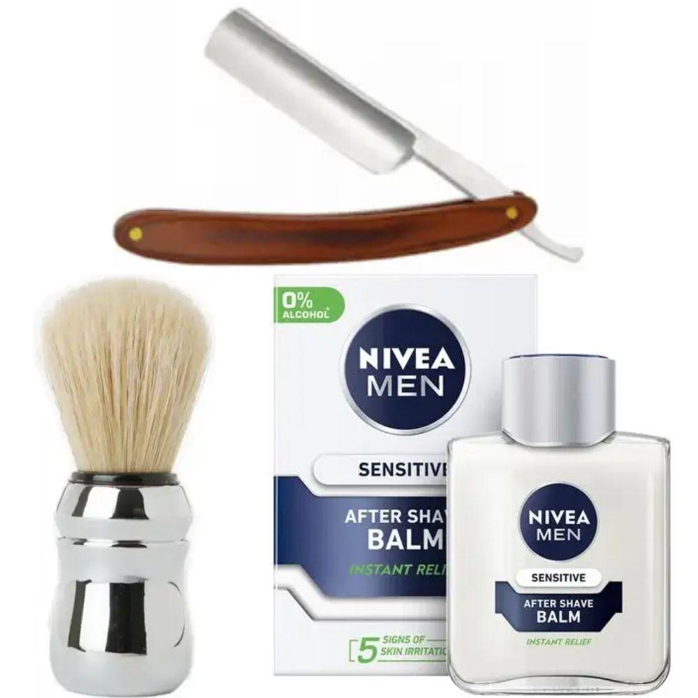 Небезпечна бритва/шавета розкладна Straight Razor + помазок Proraso + бальзам після гоління Nivea Men Sensitivе 100 мл, фото 1