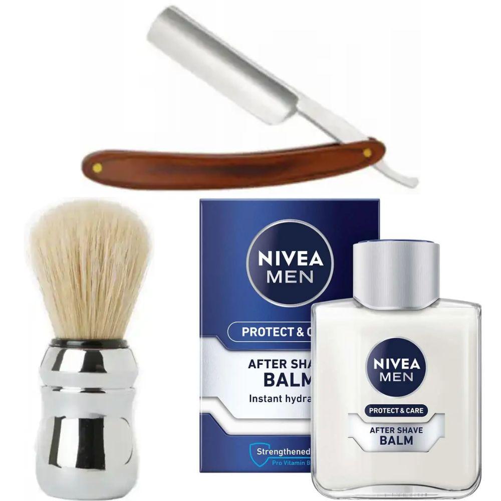 Небезпечна бритва/шавета розкладна Straight Razor + помазок Proraso + бальзам після гоління Nivea Men Protect & Care 100 мл, фото 1