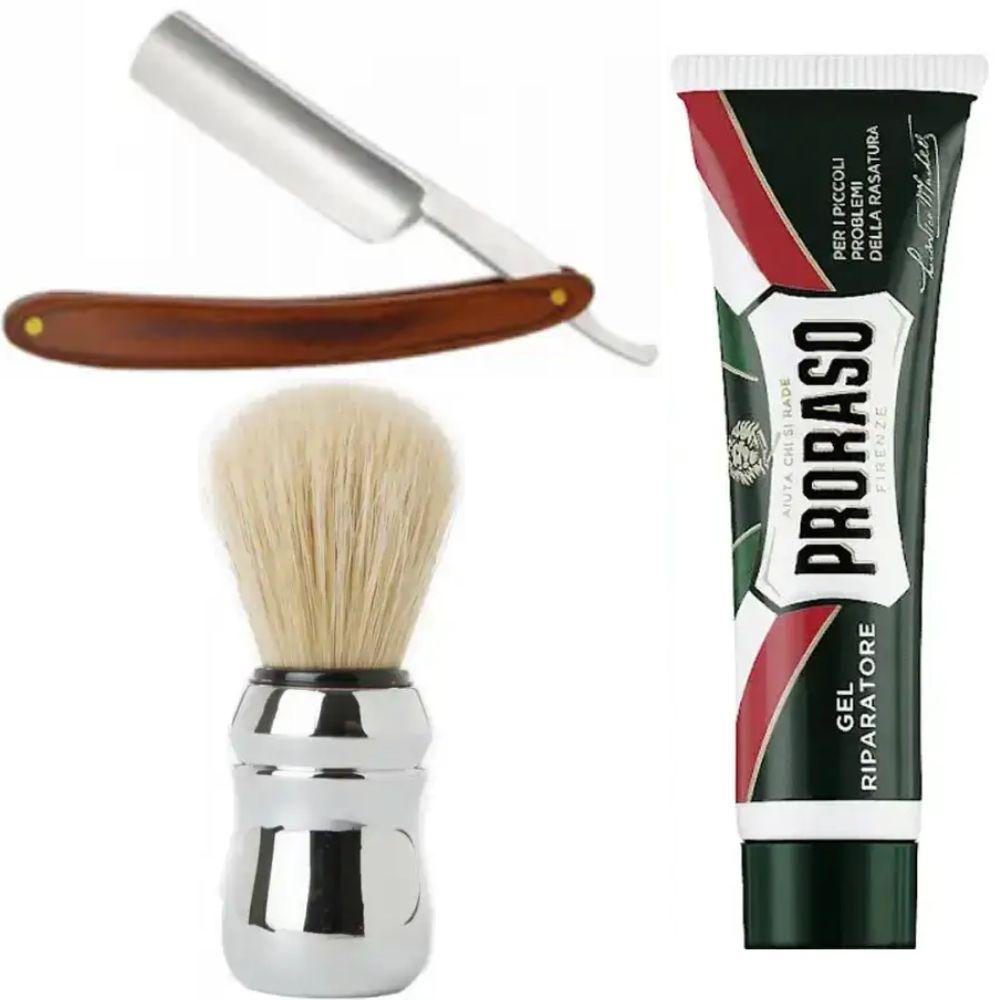 Небезпечна бритва/шавета розкладна Straight Razor + помазок Proraso + гель від порізів Proraso Razor Cut Repair Gel, фото 1