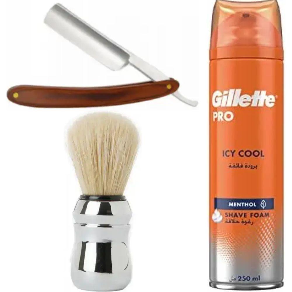 Небезпечна бритва/шавета розкладна Straight Razor + помазок Proraso + піна для гоління Gillette Pro Icy Cool з ментолом, фото 1