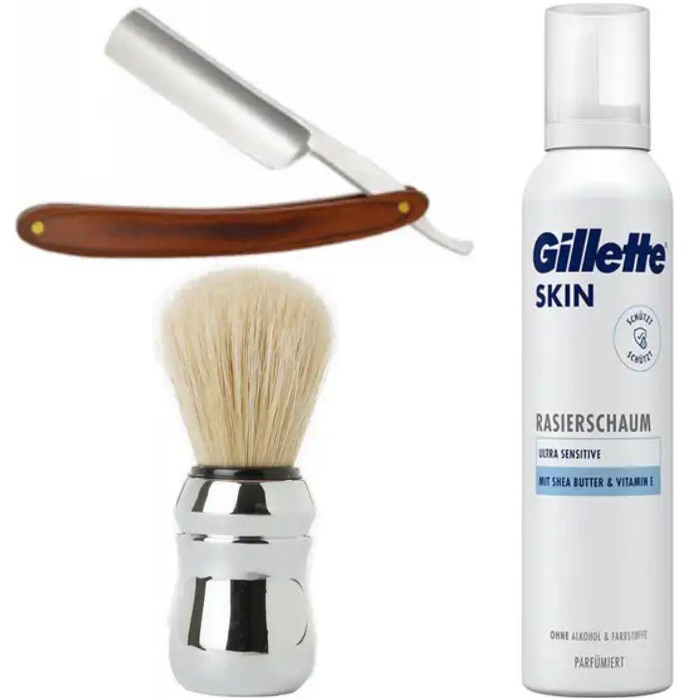 Небезпечна бритва/шавета розкладна Straight Razor + помазок Proraso + піна для гоління Gillette Skin Ultra Sensitive, фото 1