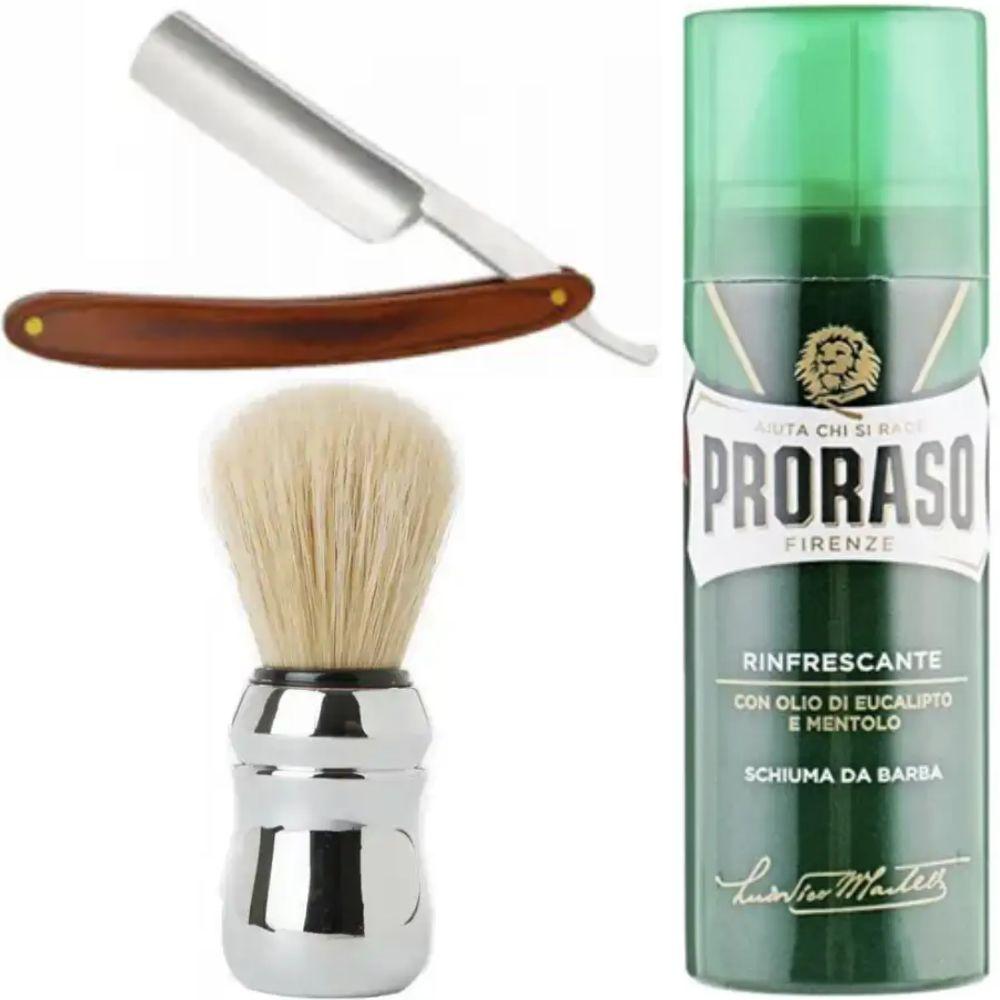Небезпечна бритва/шавета розкладна Straight Razor + помазок Proraso + піна для гоління Proraso тонізуюча з евкаліптом і ментолом, фото 1