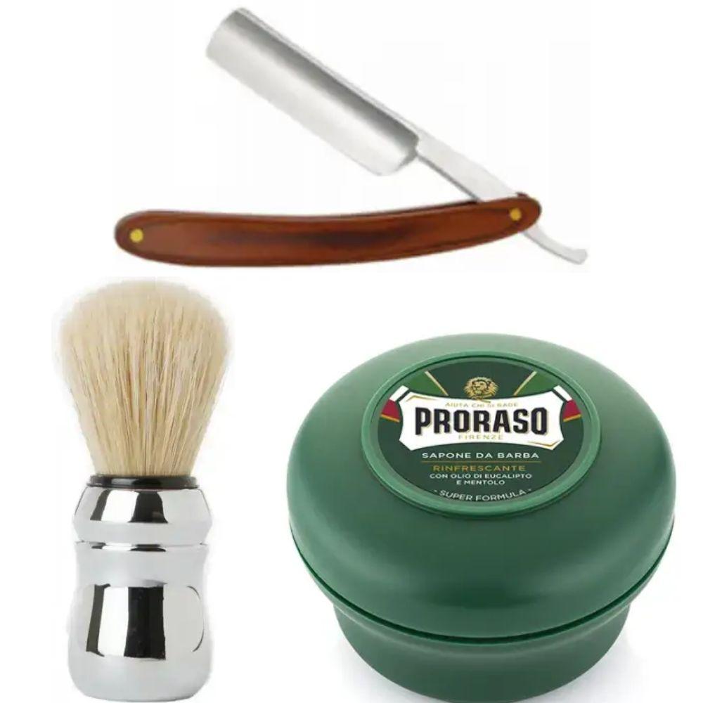 Небезпечна бритва/шавета розкладна Straight Razor + помазок Proraso + мило для гоління Proraso Rinfrescante Green Eucalyptus 150мл, фото 1