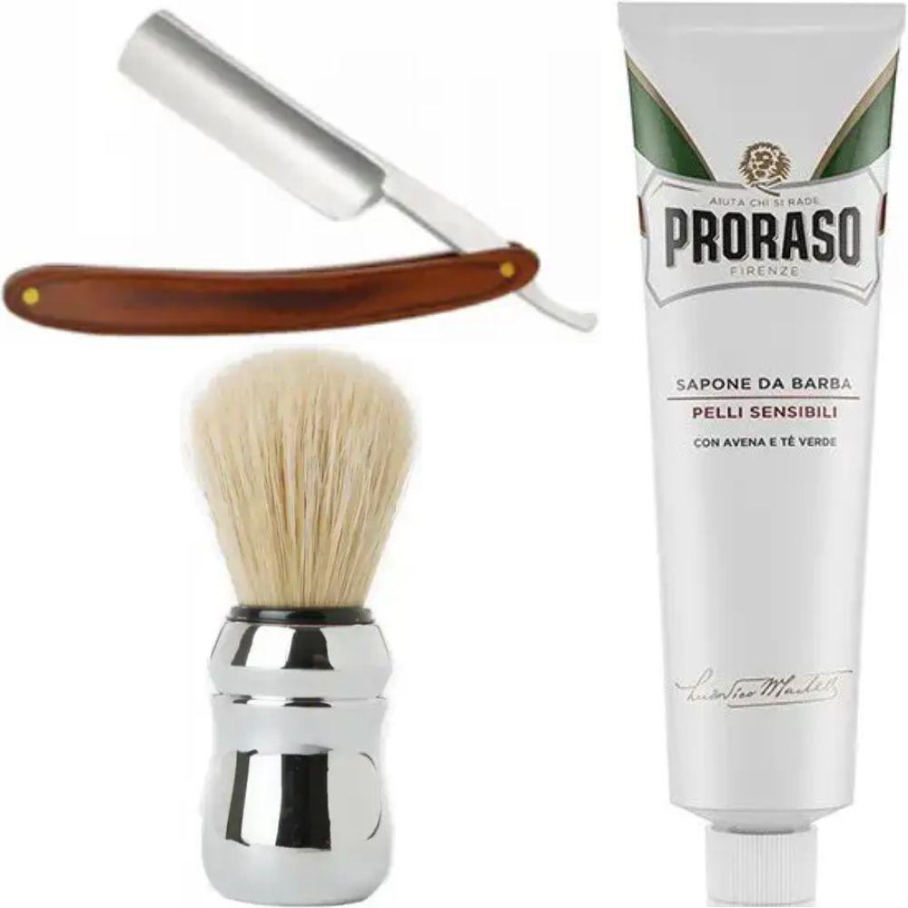 Небезпечна бритва/шавета розкладна Straight Razor + помазок Proraso + крем для гоління Proraso для чутливої шкіри, фото 1