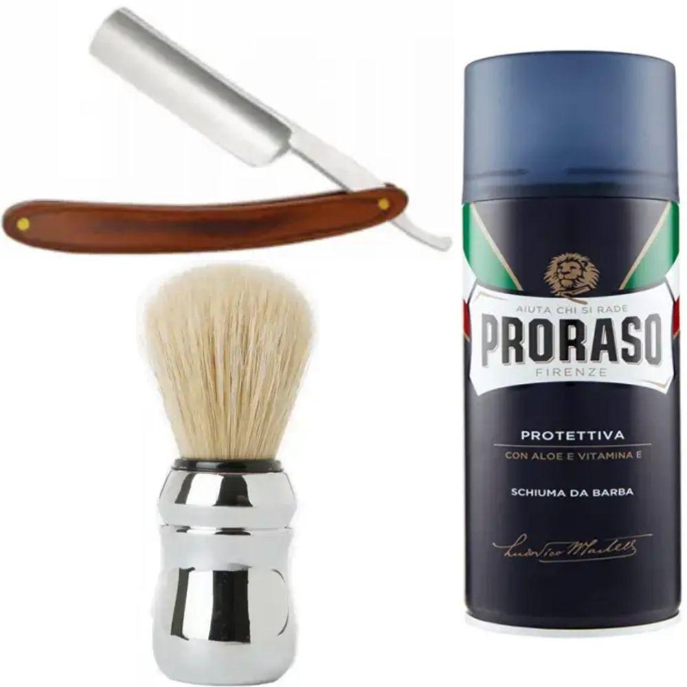 Небезпечна бритва/шавета розкладна Straight Razor + помазок Proraso + піна для гоління Proraso з екстрактом алое та вітаміном Е, фото 1