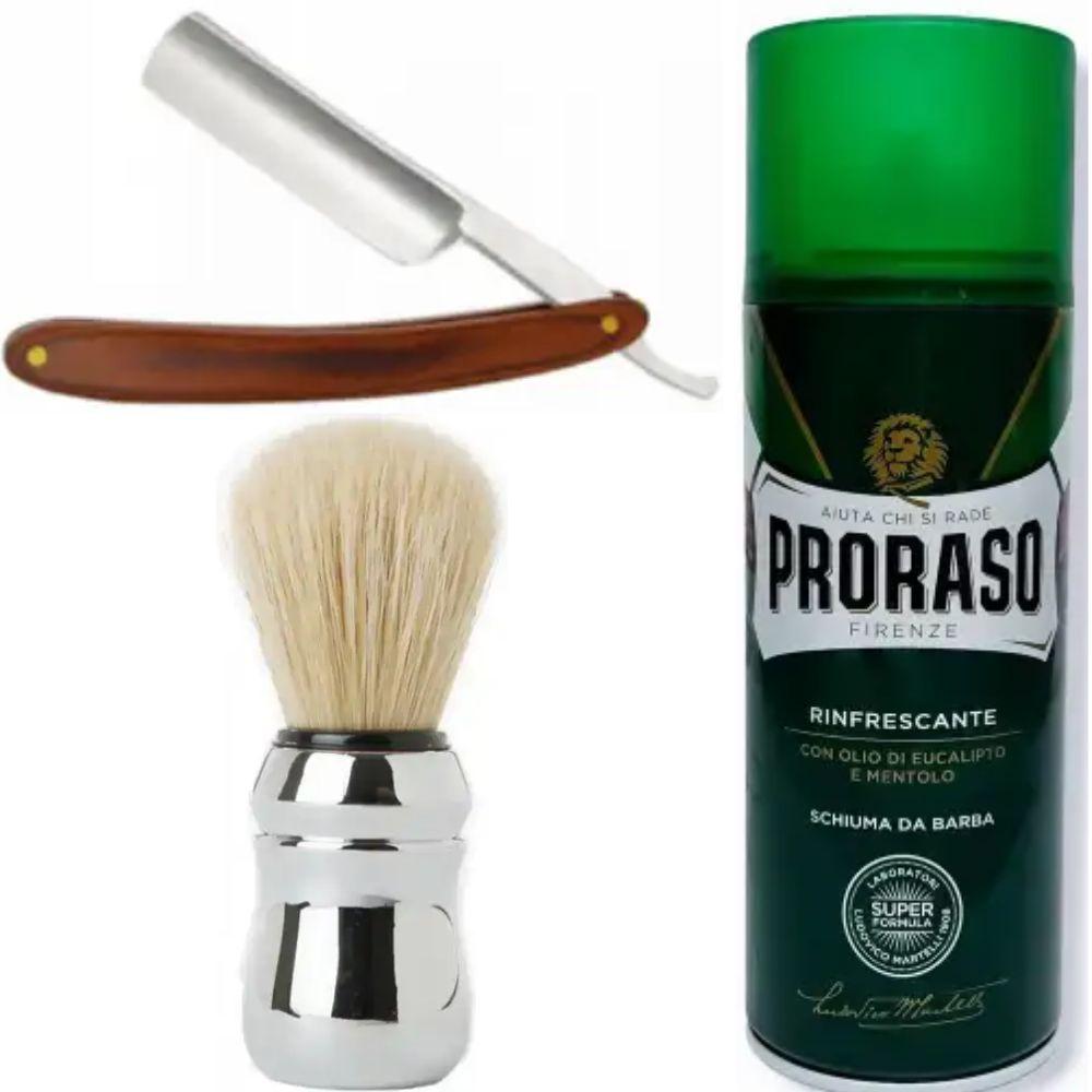 Небезпечна бритва/шавета розкладна Straight Razor + помазок Proraso + піна для гоління Proraso тонізуюча з евкаліптом і ментолом, фото 1