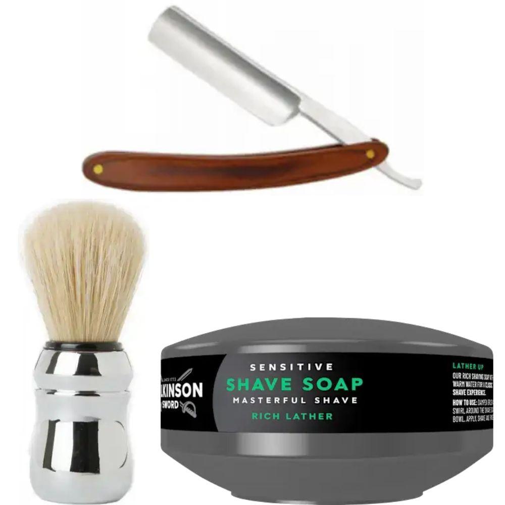 Небезпечна бритва/шавета розкладна Straight Razor + помазок Proraso + мило для гоління Wilkinson Sword для чутливої шкіри 125 г, фото 1