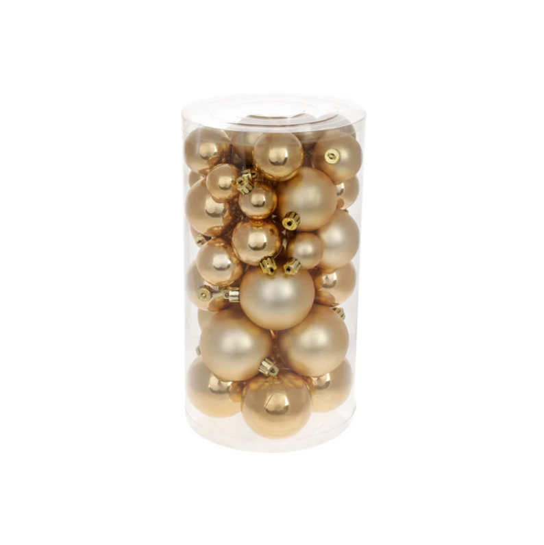 Набір золотих ялинкових куль 40 шт 3 см 4 см 5 см 6 см з перламутром пластикові в прозорій тубі, фото 1